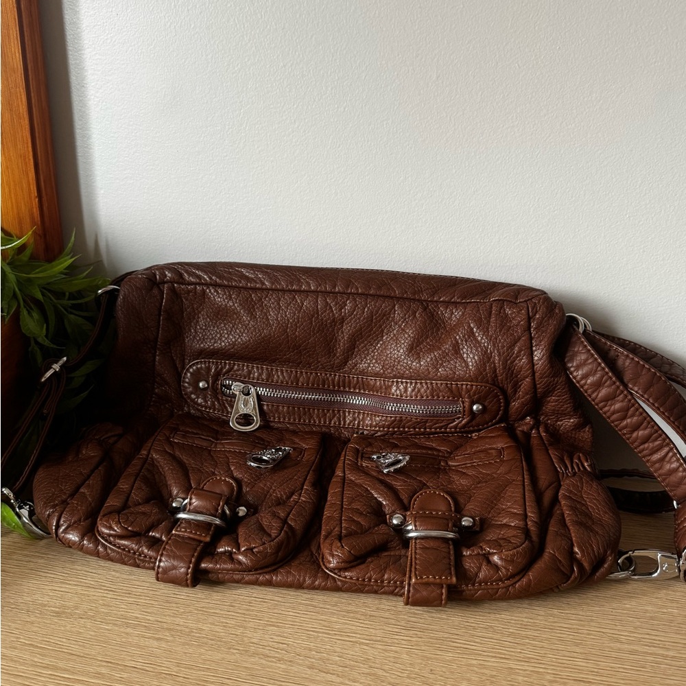 Brown Soft Shoulder Bag with Silver Accents